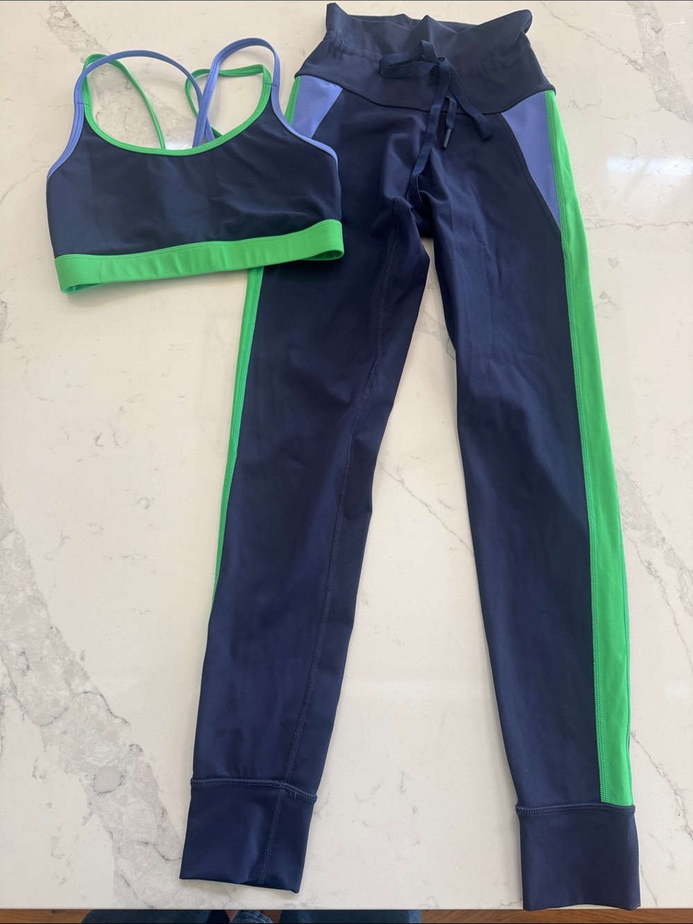 Offline by Aerie Navy Blue Sports Bra & Leggings Set with Green Accents